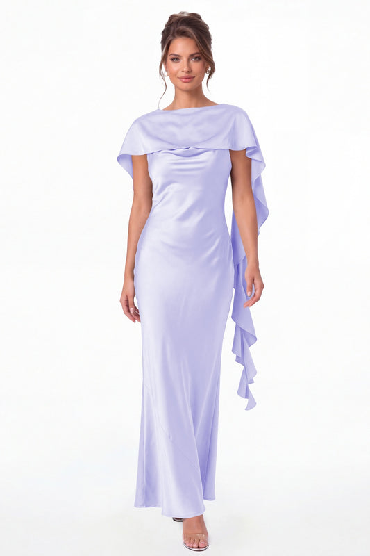 Lavender Spaghetti Strap Cowl Neck Satin Ruffle Maxi Gown - Front View
