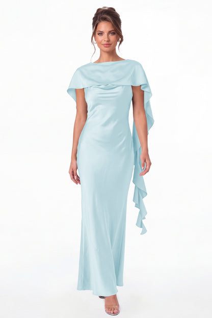 Light Blue Spaghetti Strap Cowl Neck Satin Ruffle Maxi Gown - Front View