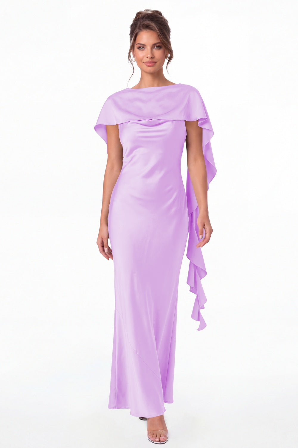 Lilac Spaghetti Strap Cowl Neck Satin Ruffle Maxi Gown - Front View