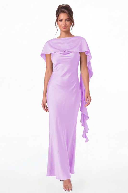 Lilac Spaghetti Strap Cowl Neck Satin Ruffle Maxi Gown - Front View