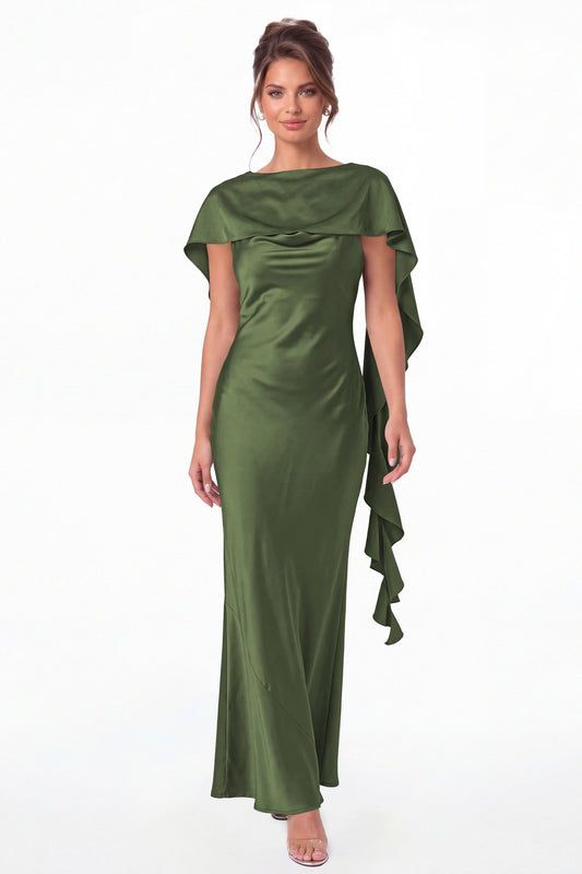 Moss Green Spaghetti Strap Cowl Neck Satin Ruffle Maxi Gown - Front View