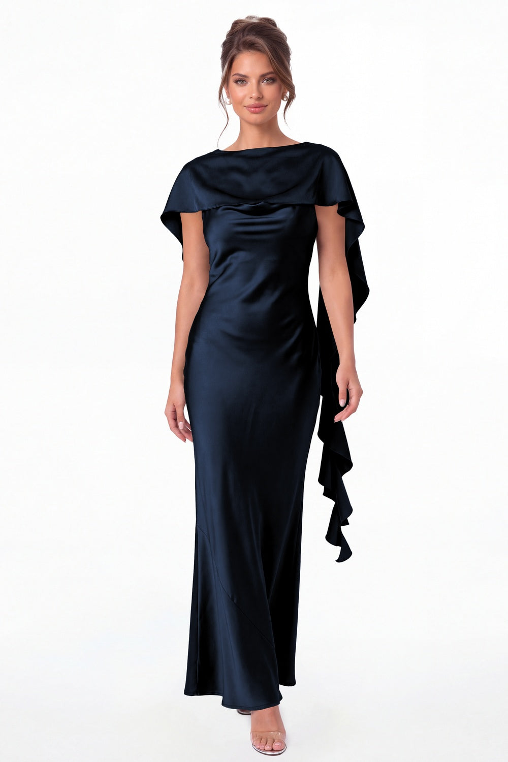 Navy Blue Spaghetti Strap Cowl Neck Satin Ruffle Maxi Gown - Front View