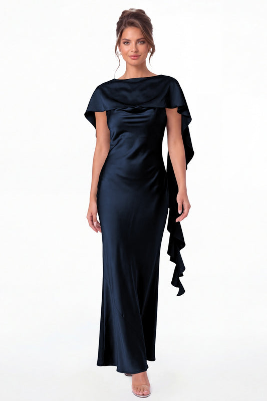 Navy Blue Spaghetti Strap Cowl Neck Satin Ruffle Maxi Gown - Front View