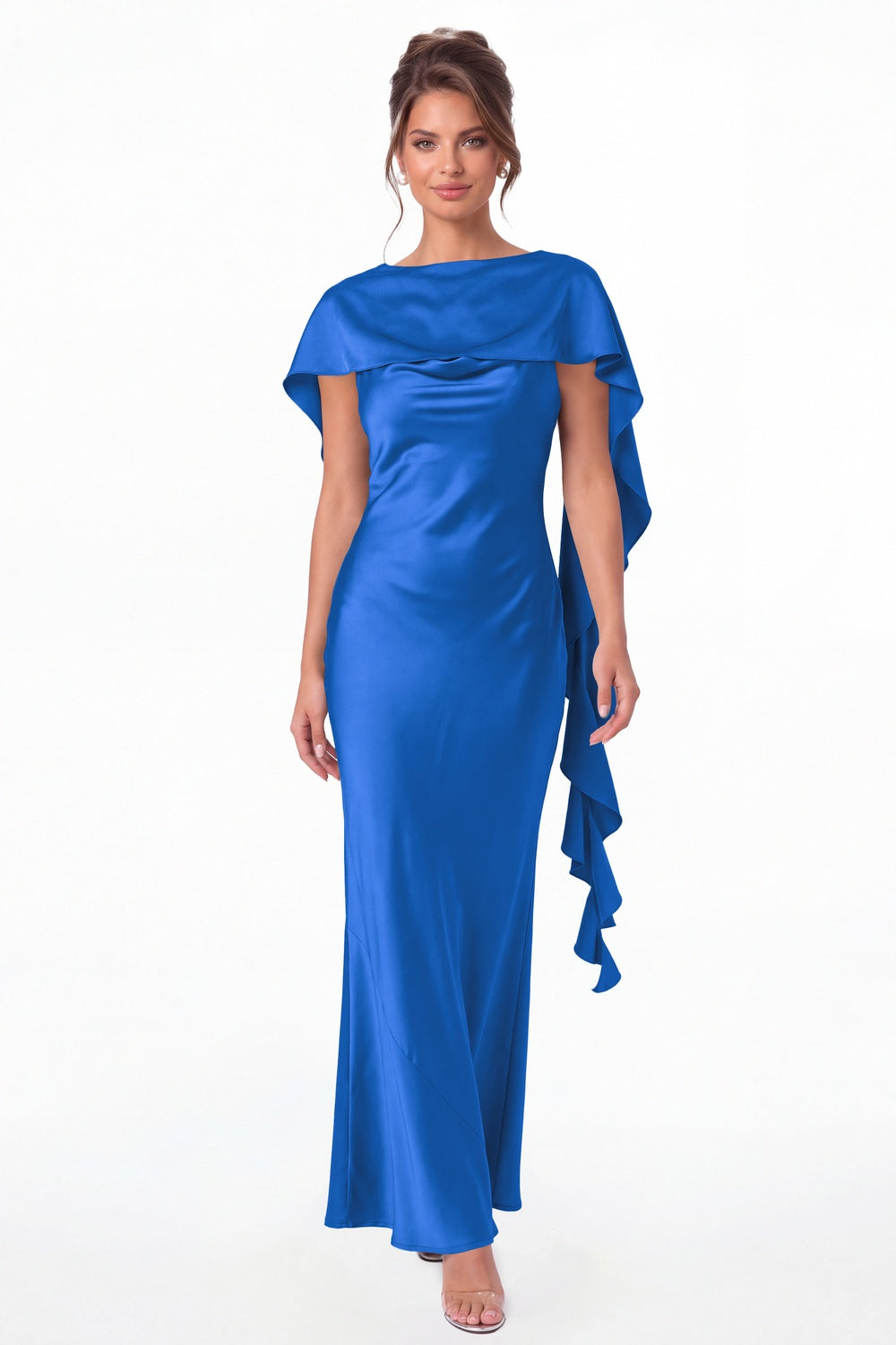 Ocean Blue Spaghetti Strap Cowl Neck Satin Ruffle Maxi Gown - Front View