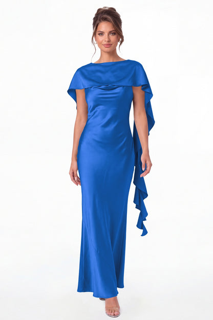 Ocean Blue Spaghetti Strap Cowl Neck Satin Ruffle Maxi Gown - Front View