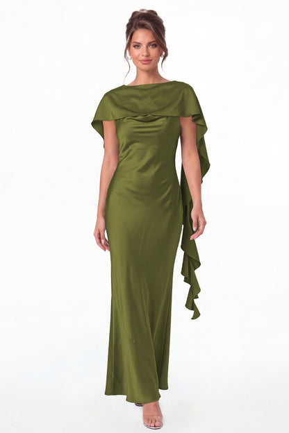Olive Green Spaghetti Strap Cowl Neck Satin Ruffle Maxi Gown - Front View
