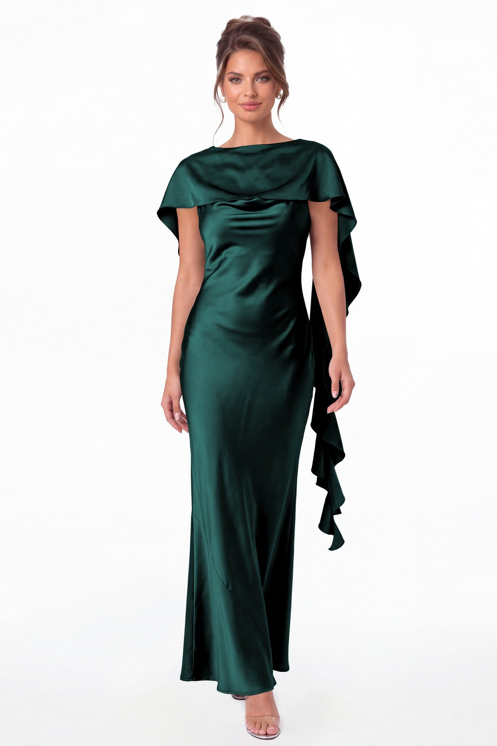 Peacock Spaghetti Strap Cowl Neck Satin Ruffle Maxi Gown - Front View