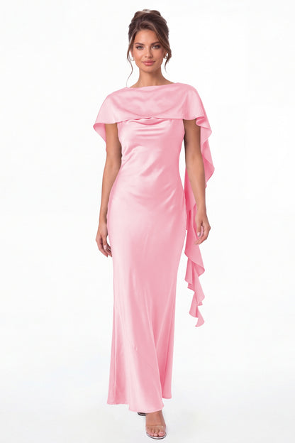 Pink Spaghetti Strap Cowl Neck Satin Ruffle Maxi Gown - Front View