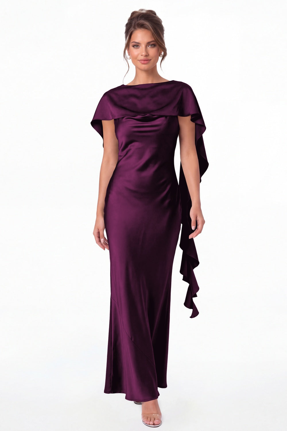 Plum Spaghetti Strap Cowl Neck Satin Ruffle Maxi Gown - Front View