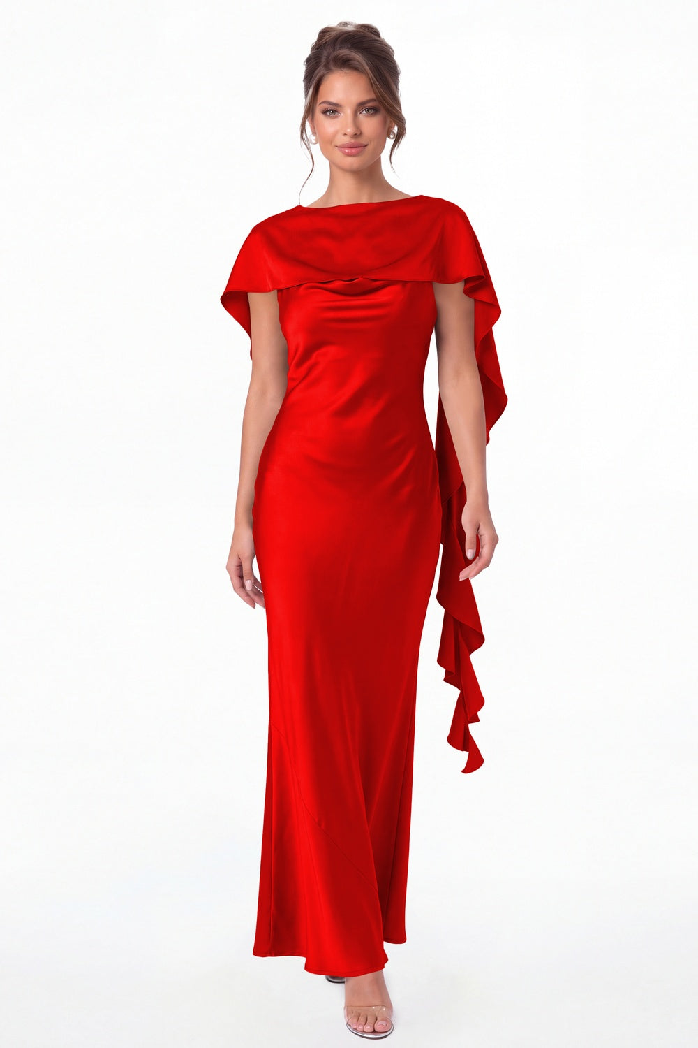 Red Spaghetti Strap Cowl Neck Satin Ruffle Maxi Gown - Front View