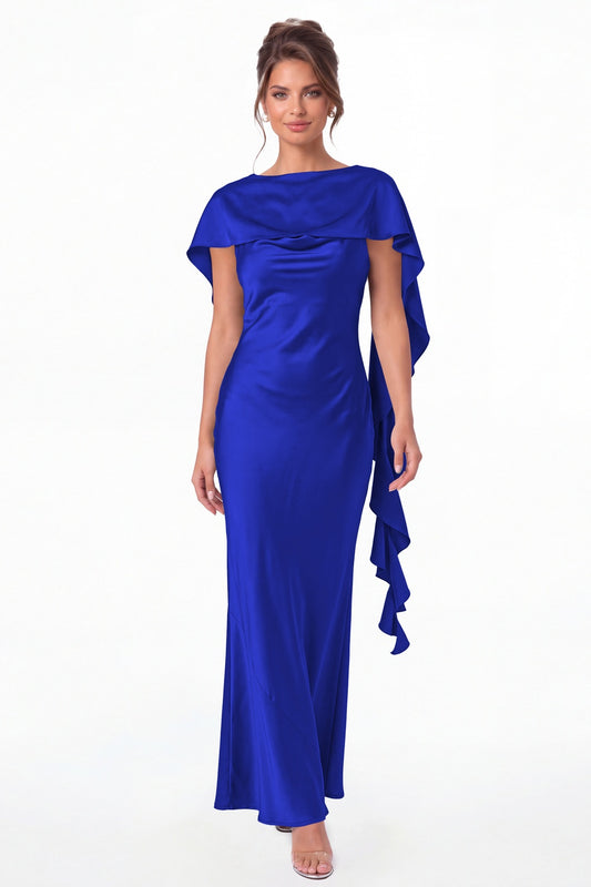 Royal Blue Spaghetti Strap Cowl Neck Satin Ruffle Maxi Gown - Front View