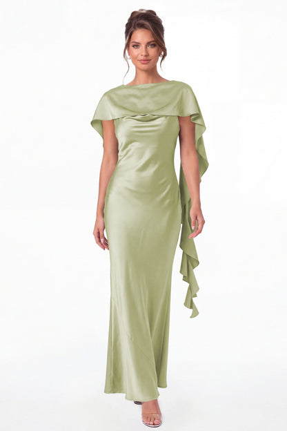 Sage Green Spaghetti Strap Cowl Neck Satin Ruffle Maxi Gown - Front View