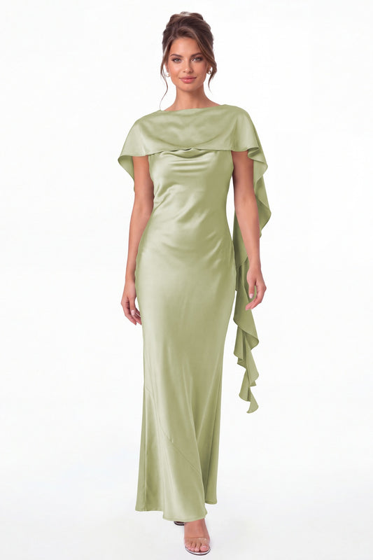 Sage Green Spaghetti Strap Cowl Neck Satin Ruffle Maxi Gown - Front View