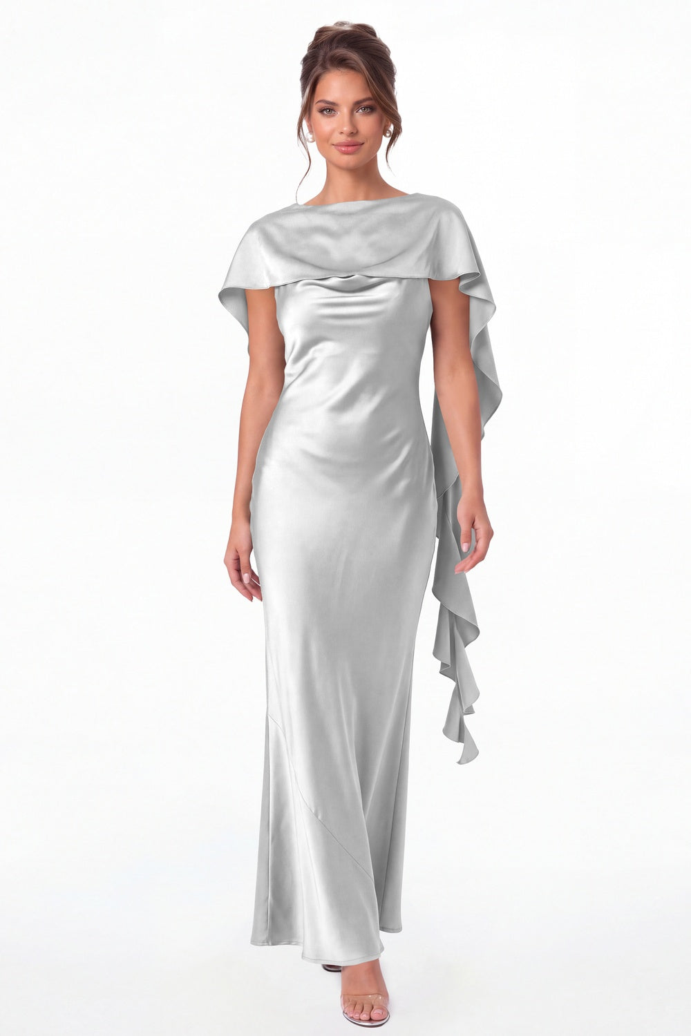 Silver Spaghetti Strap Cowl Neck Satin Ruffle Maxi Gown - Front View