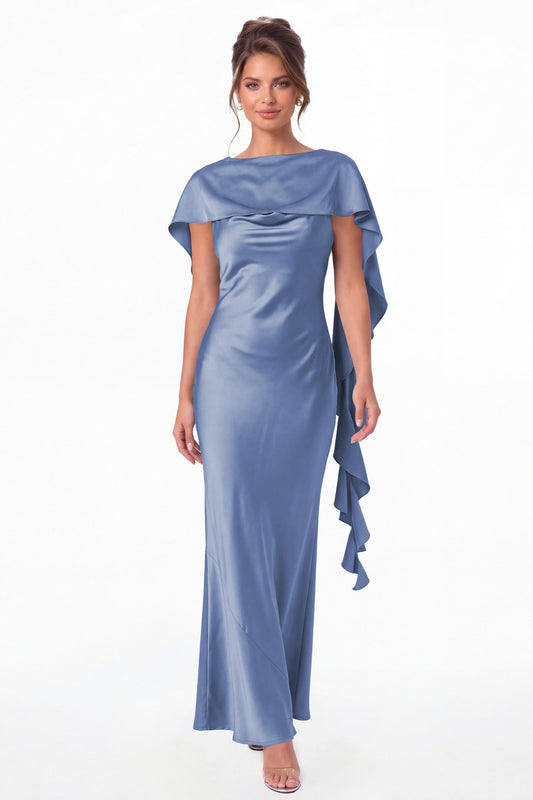 Steel Blue Spaghetti Strap Cowl Neck Satin Ruffle Maxi Gown - Front View