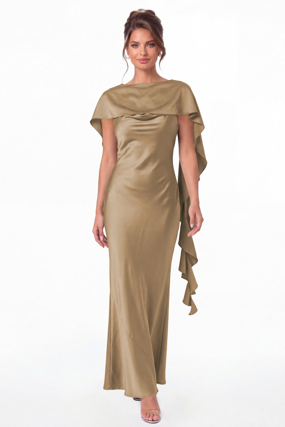 Taupe Spaghetti Strap Cowl Neck Satin Ruffle Maxi Gown - Front View