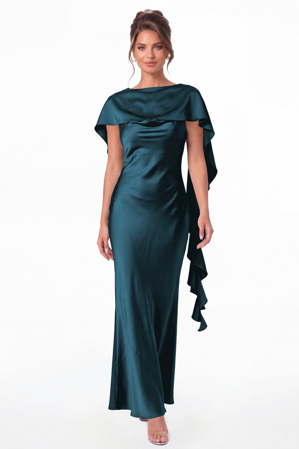 Teal Spaghetti Strap Cowl Neck Satin Ruffle Maxi Gown - Front View
