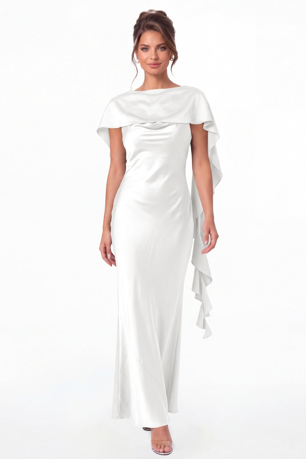 White Spaghetti Strap Cowl Neck Satin Ruffle Maxi Gown - Front View