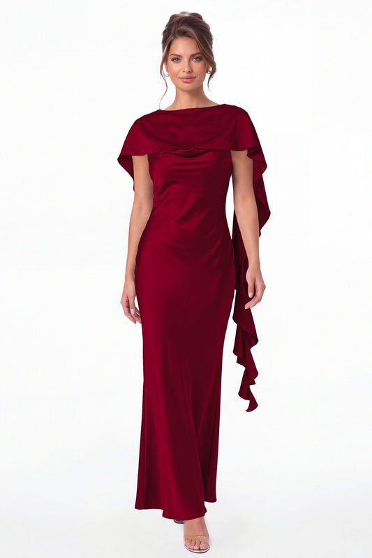 Wine Red Spaghetti Strap Cowl Neck Satin Ruffle Maxi Gown - Front View