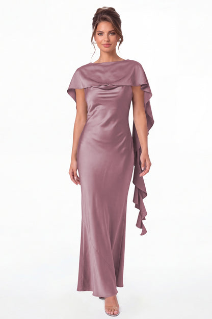 Wisteria Spaghetti Strap Cowl Neck Satin Ruffle Maxi Gown - Front View