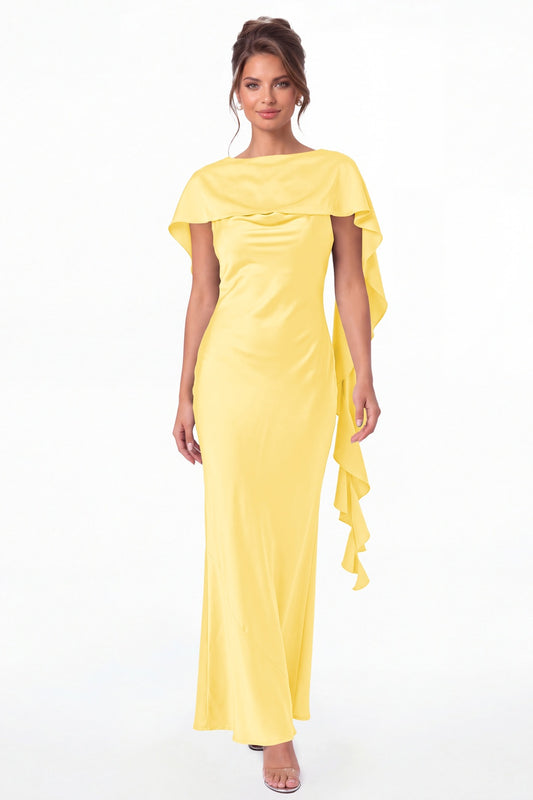 Yellow Spaghetti Strap Cowl Neck Satin Ruffle Maxi Gown - Front View