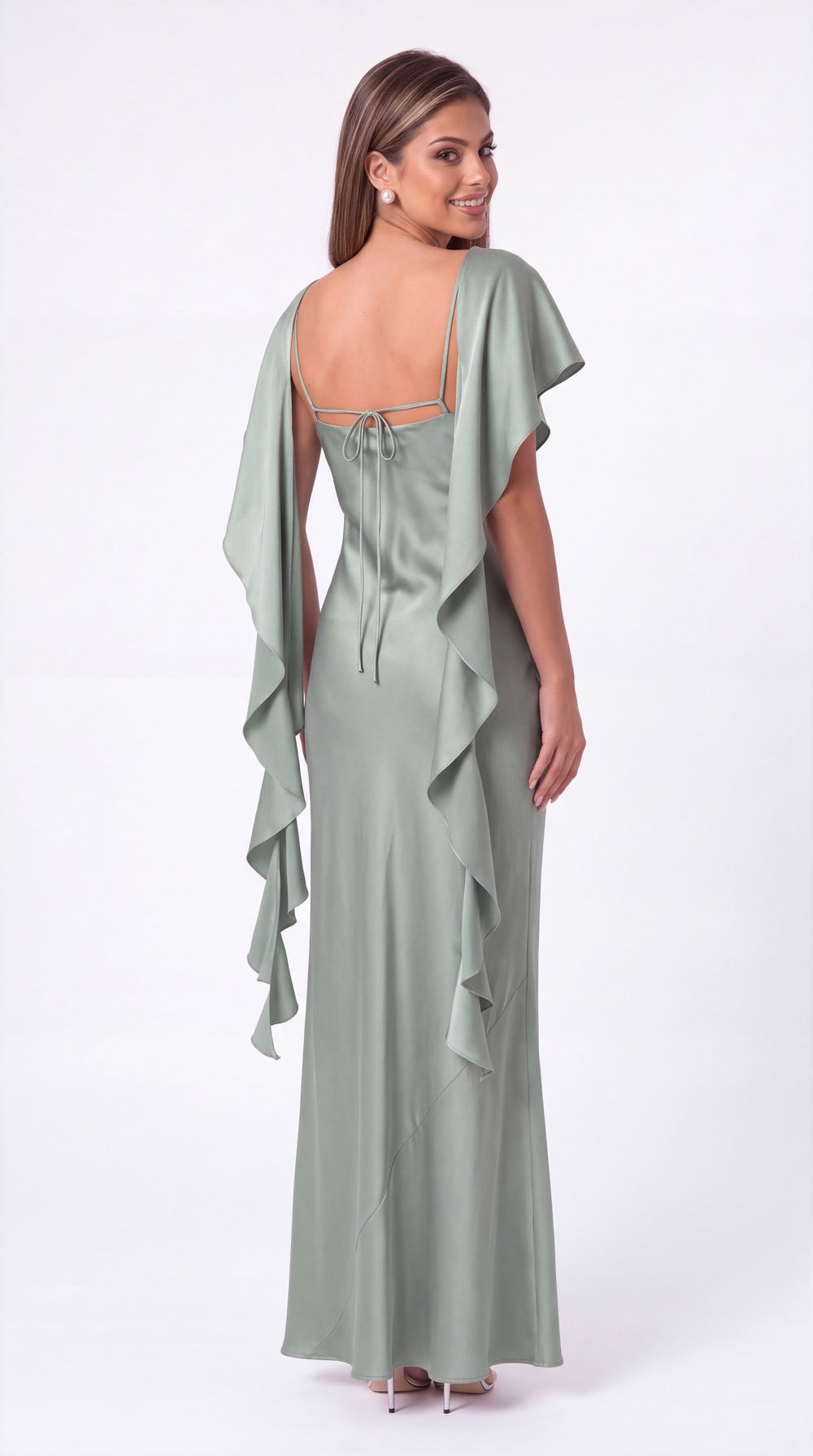 Spaghetti Strap Cowl Neck Satin Ruffle Maxi Gown - Back View