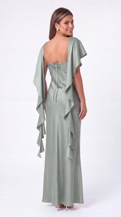 Spaghetti Strap Cowl Neck Satin Ruffle Maxi Gown - Back View