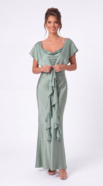 Spaghetti Strap Cowl Neck Satin Ruffle Maxi Gown - Detail View 1