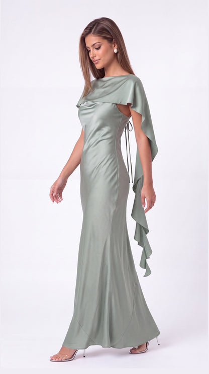 Spaghetti Strap Cowl Neck Satin Ruffle Maxi Gown - Detail View 2