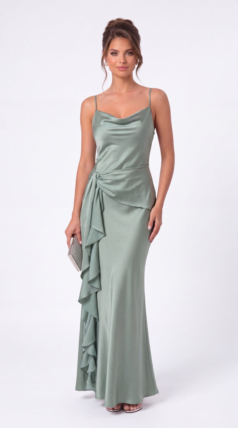 Spaghetti Strap Cowl Neck Satin Ruffle Maxi Gown - Detail View 3
