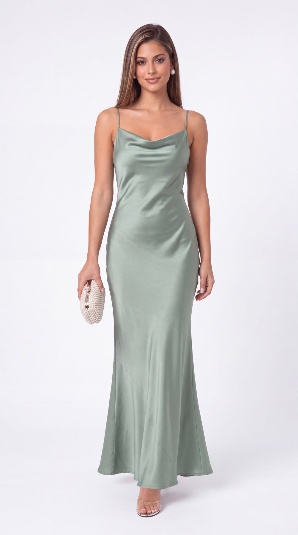Spaghetti Strap Cowl Neck Satin Ruffle Maxi Gown - Detail View 4