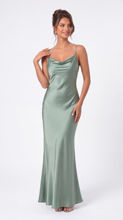 Spaghetti Strap Cowl Neck Satin Ruffle Maxi Gown - Detail View 5