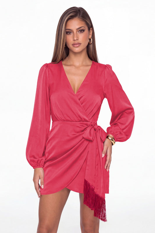 Fuchsia V-Neck Long Sleeve Satin Wrap Fringe Mini Dress - Front View