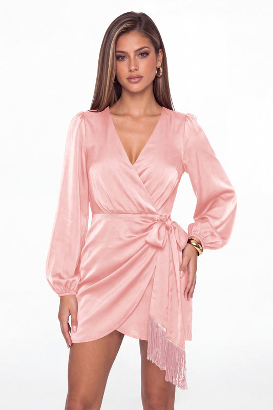 Light Pink V-Neck Long Sleeve Satin Wrap Fringe Mini Dress - Front View