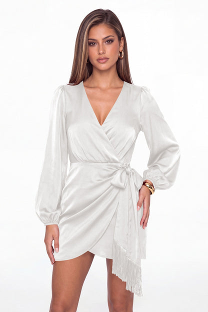 White V-Neck Long Sleeve Satin Wrap Fringe Mini Dress - Front View