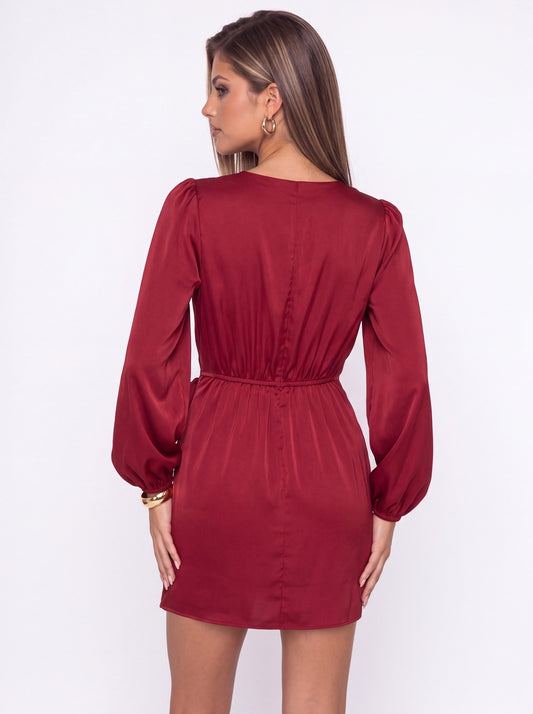 V-Neck Long Sleeve Satin Wrap Fringe Mini Dress - Back View