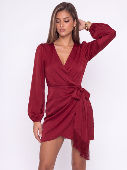 V-Neck Long Sleeve Satin Wrap Fringe Mini Dress - Detail View 1