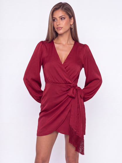 V-Neck Long Sleeve Satin Wrap Fringe Mini Dress - Detail View 2