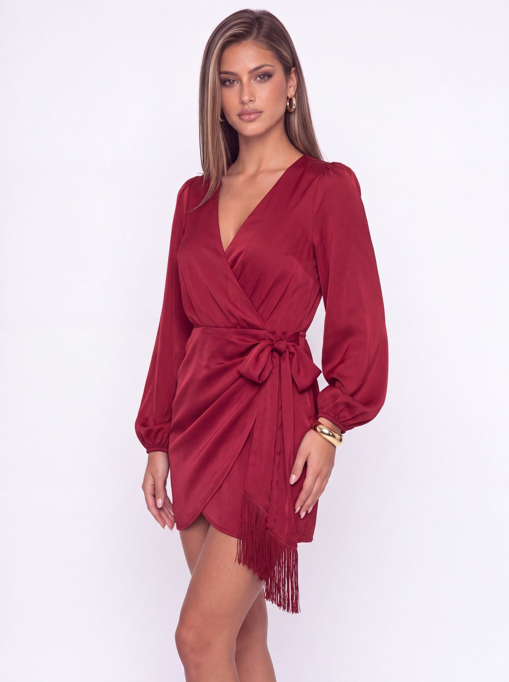 V-Neck Long Sleeve Satin Wrap Fringe Mini Dress - Detail View 3