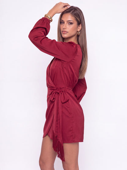 V-Neck Long Sleeve Satin Wrap Fringe Mini Dress - Detail View 5