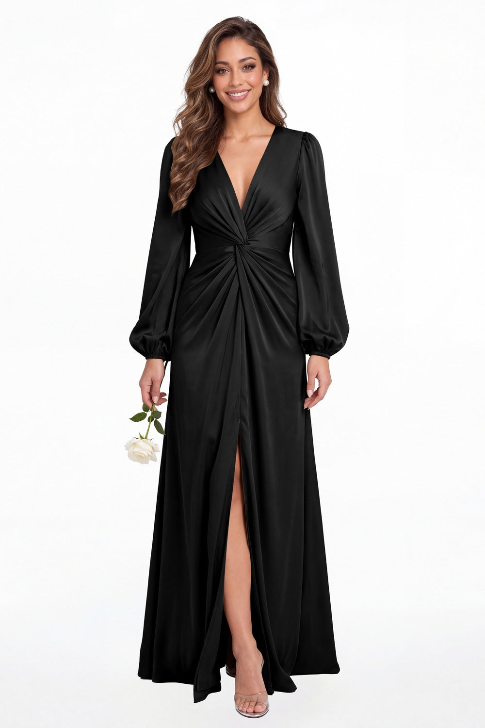 Black V-Neck Long Sleeve Satin Slit Maxi Gown - Front View