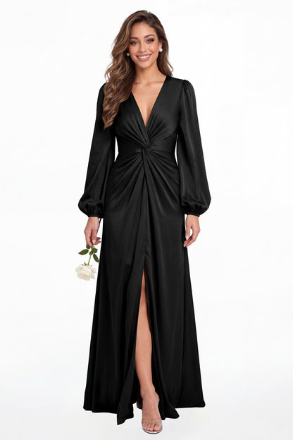 Black V-Neck Long Sleeve Satin Slit Maxi Gown - Front View