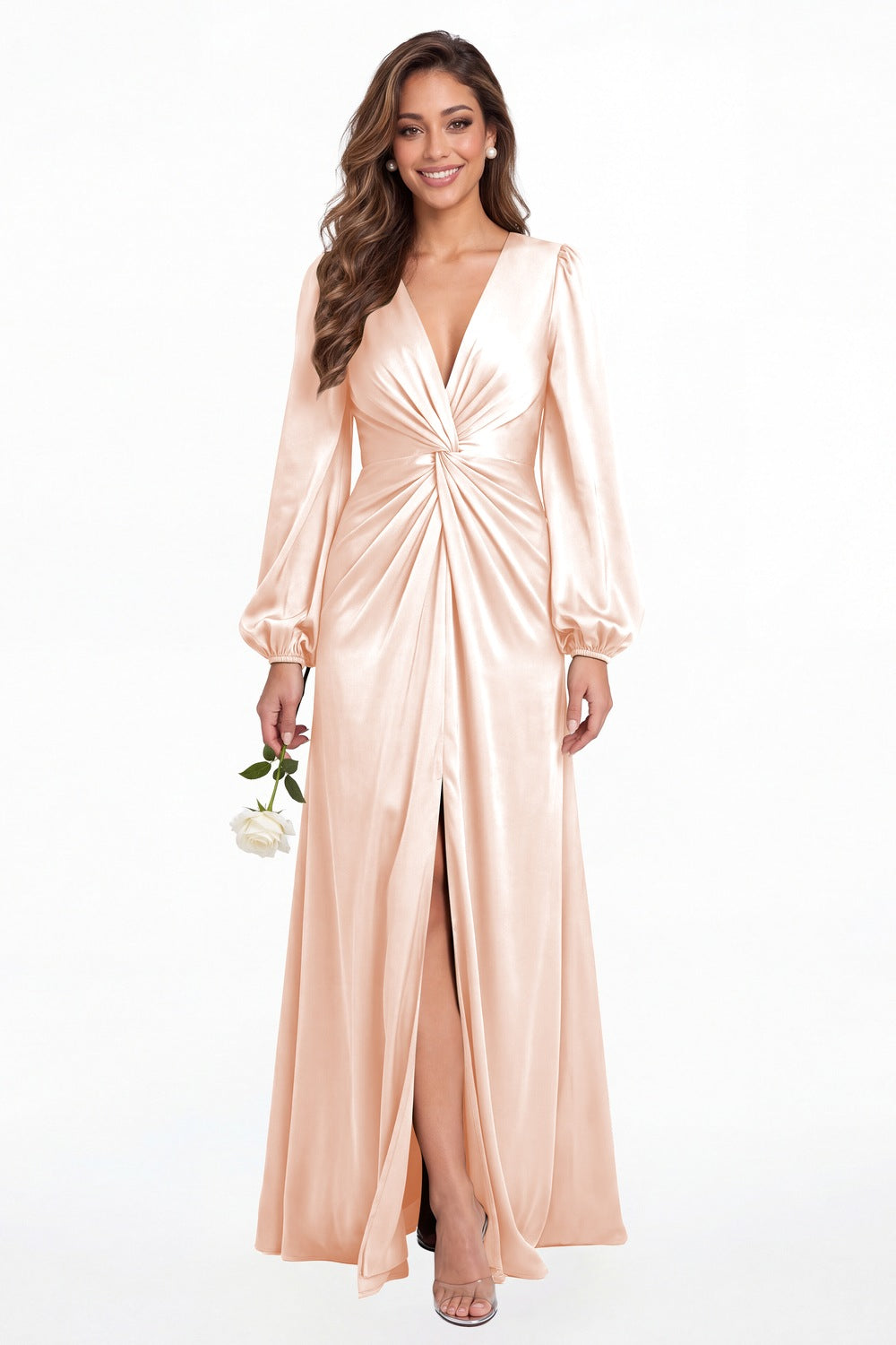 Blush Pink V-Neck Long Sleeve Satin Slit Maxi Gown - Front View