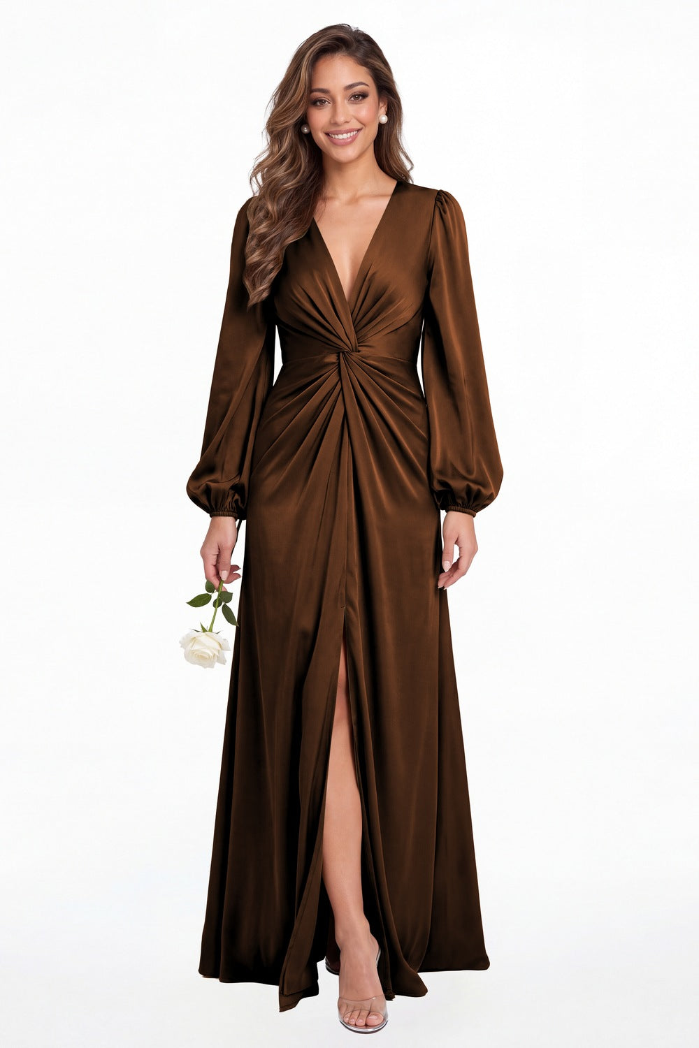 Brown V-Neck Long Sleeve Satin Slit Maxi Gown - Front View
