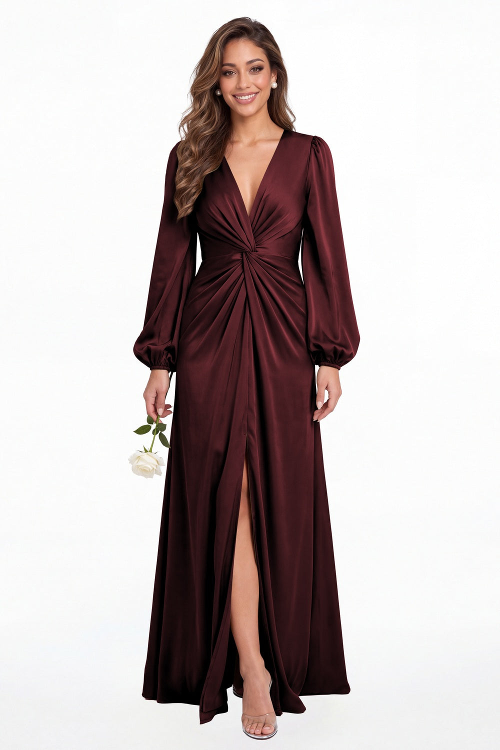 Burgundy V-Neck Long Sleeve Satin Slit Maxi Gown - Front View