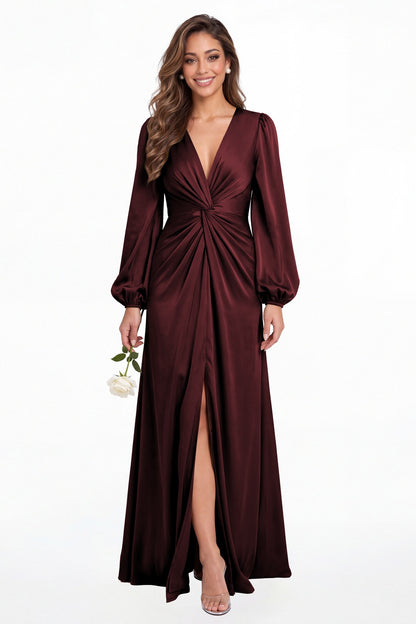 Burgundy V-Neck Long Sleeve Satin Slit Maxi Gown - Front View