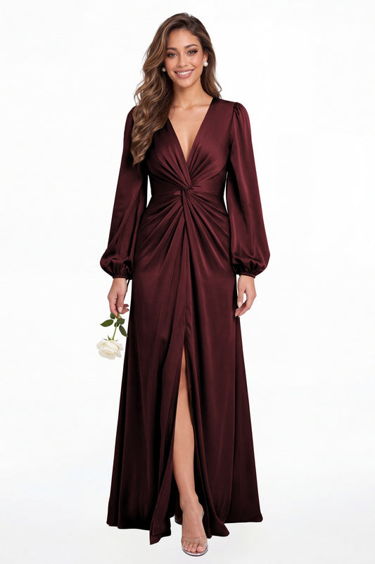 Burgundy V-Neck Long Sleeve Satin Slit Maxi Gown - Front View