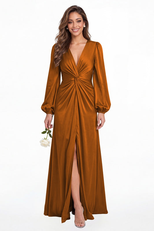 Burnt Orange V-Neck Long Sleeve Satin Slit Maxi Gown - Front View