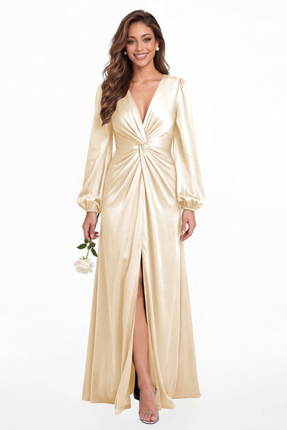 Champagne V-Neck Long Sleeve Satin Slit Maxi Gown - Front View