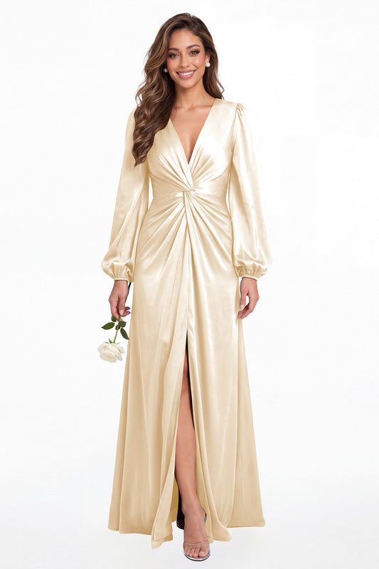 Champagne V-Neck Long Sleeve Satin Slit Maxi Gown - Front View